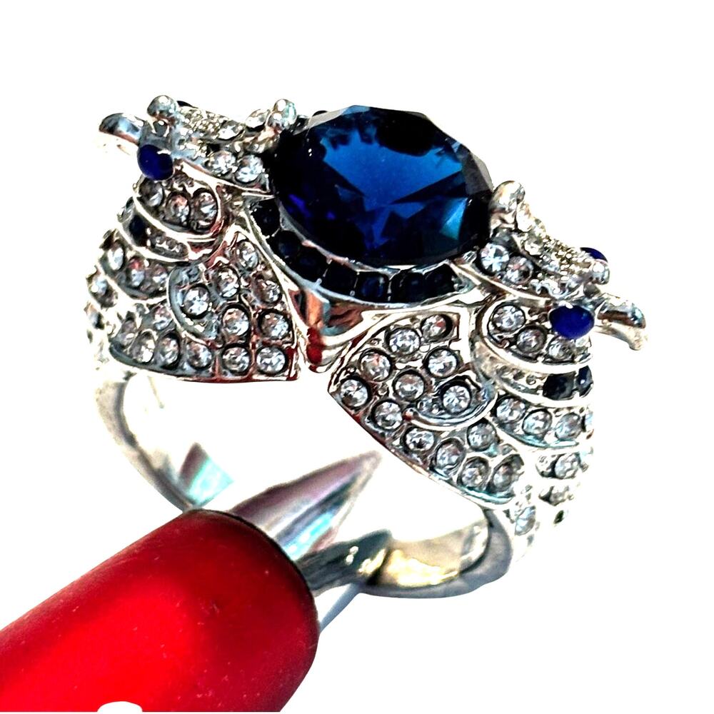 Chunky cocktail ring textured silver & blue stone rhinestones jewelry size 8.5